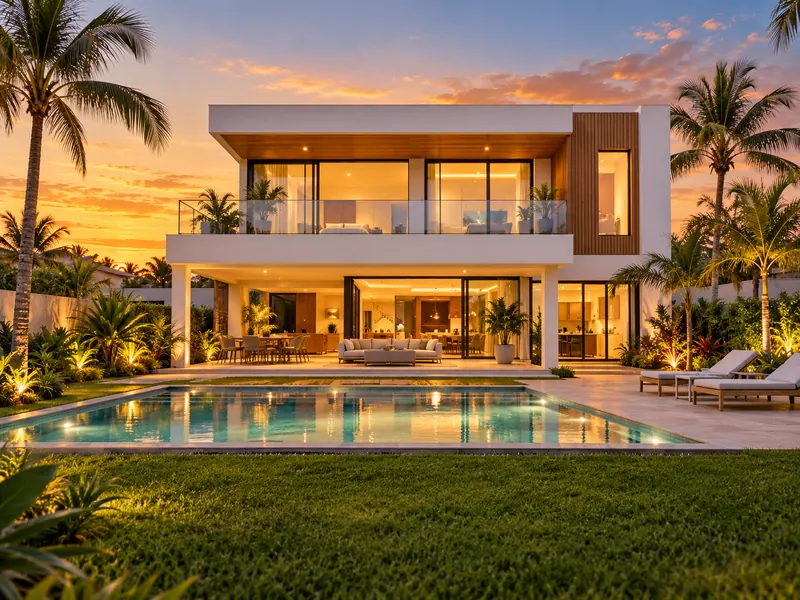 Casa moderna de dois andares com piscina iluminada e jardim tropical ao pôr do sol