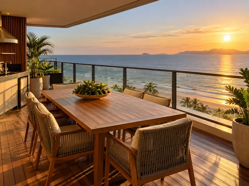 Varanda gourmet com mesa de madeira e vista para o mar ao pôr do sol