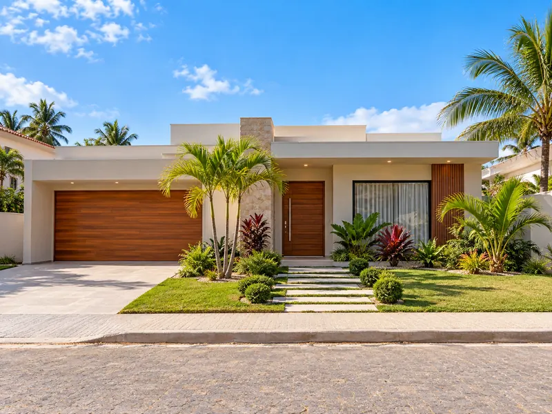Casa térrea moderna com portão de garagem em madeira e jardim tropical