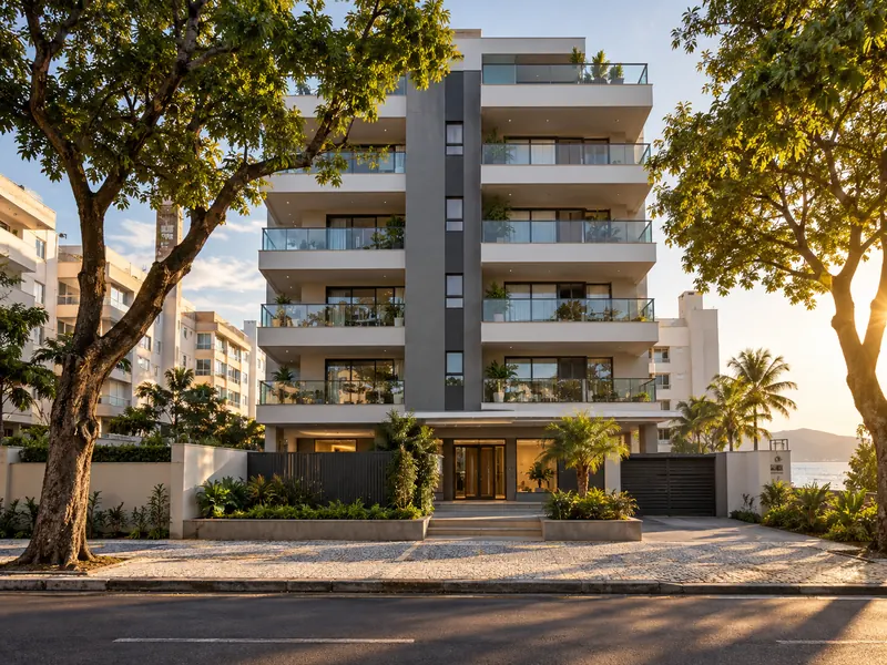 Prédio residencial de média altura com varandas, em rua arborizada